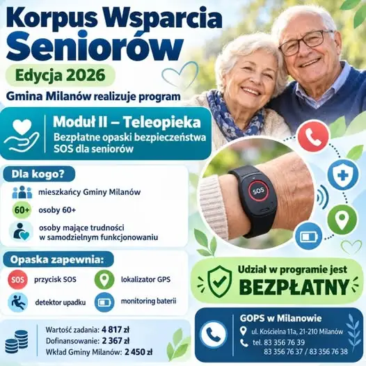 Teleopieka w Gminie Milanów: bezpłatne opaski SOS dla seniorów także w 2026 roku