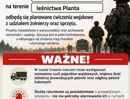 Ćwiczenia wojskowe w Leśnictwie Planta – mieszkańcy proszeni o spokój i ostrożność