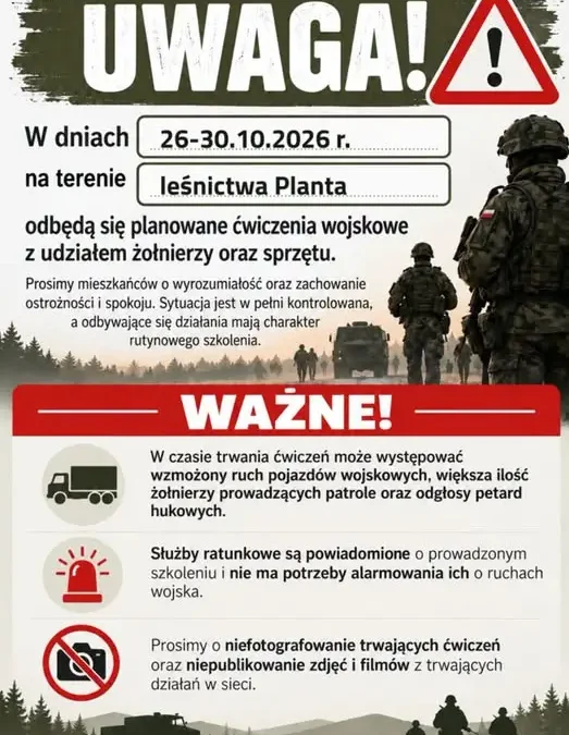 Ćwiczenia wojskowe w Leśnictwie Planta – mieszkańcy proszeni o spokój i ostrożność