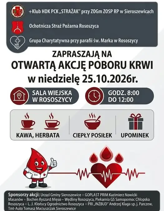 Rososzyca: otwarta akcja poboru krwi w niedzielę 25 października