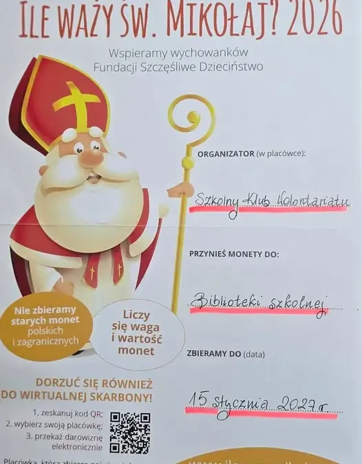 „Ile waży św. Mikołaj?” – szkolna zbiórka monet wspiera Fundację Szczęśliwe Dzieciństwo