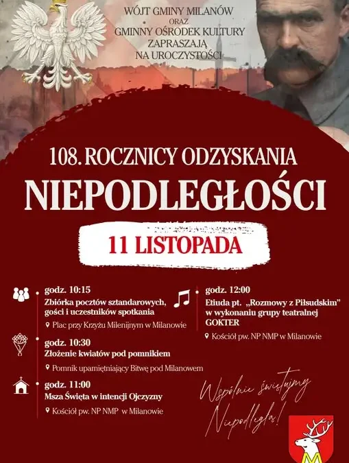 Milanów zaprasza na obchody 108. rocznicy odzyskania niepodległości